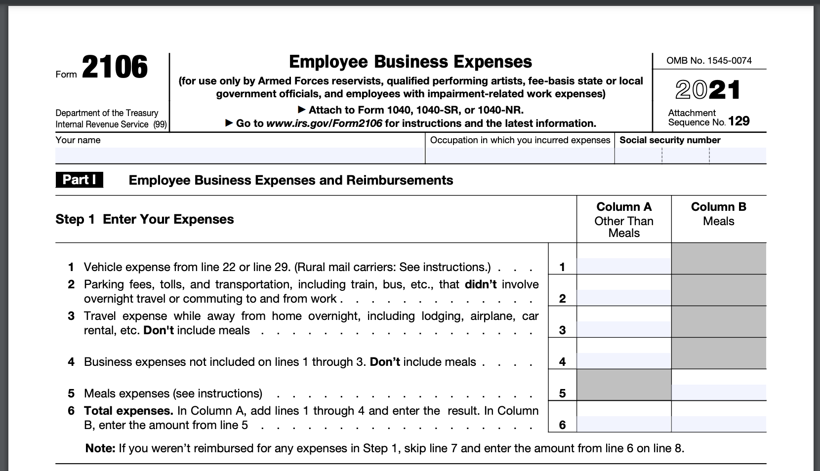 Employee business expense form 2106